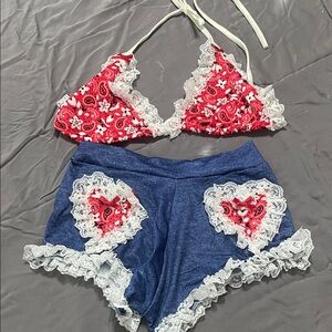 Lace Trimmed Red and Blue Sleepwear Set